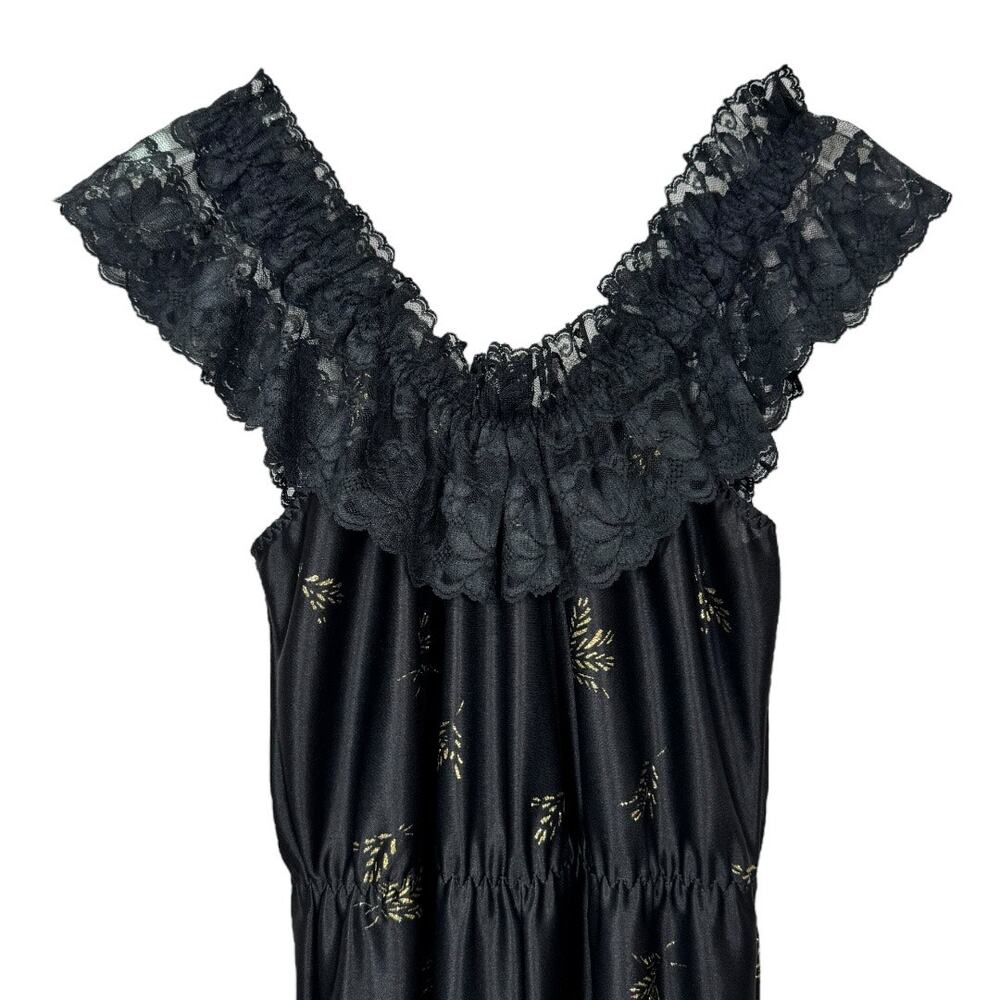 Vintage 70s Dolores For Poirette Black Sleepwear Jumpsuit Medium Lace Gold Satin - Picture 2 of 8